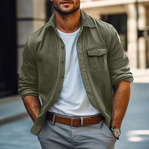 Herren Hemd Knopfhemd Cargo-Shirt Schwarz Grün Langarm Glatt Kargen Urlaub Festtage Tasche Bekleidung Modisch Brautkleider schlicht Komfortabel Image