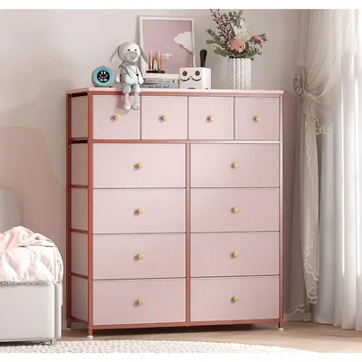 Dresser for Bedroom with 12 Drawers Dressers for Pink Chest of Drawers with Wood Top, Metal Frame,