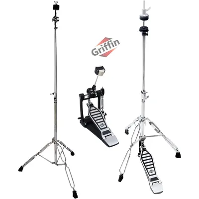 3 Hi-Hat Stand, Kick Drum Pedal & Straight Cymbal Stand Hardware Kit by GRIFFIN | Deluxe Full Size