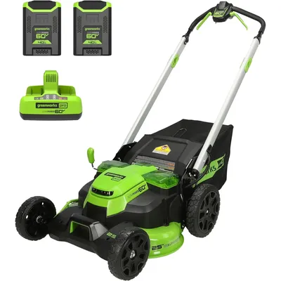 60V 25” Cordless (Self-Propelled) Lawn Mower (LED Lights + Aluminum Handles), 2 x 4.0Ah Batteries and Dual Port Rapid Charger