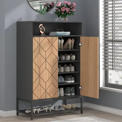 Shoe Organizer with Doors, Shoe Storage Cabinet with Adjustable Shelves for Entryway, 7-Tier