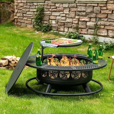 42 Inch BBQ Fire Pit with Grill, Large Outdoor Wooding Burning Fire Pit for