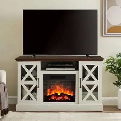 Electric Fireplace TV Stand TVs up to 55" Farmhouse Style White/Walnut Finish 3D Flame Effect