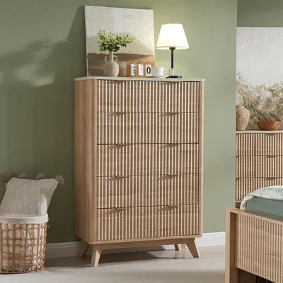 Fluted 5 Drawers Dresser, 48" Tall Modern Chest of Drawers with Faux Marble Top, Curved Profile