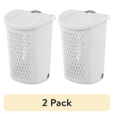 Set of 2 Ultra™ Wheeled Laundry Hampers White Plastic 20"x15"x26" Storage Solution Transport Clothes