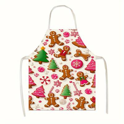 TEMU Christmas Cheer Kitchen Apron - Gingerbread, Tree & Snowflake Design | Pink Polyester Holiday Cooking Apron With Candy Cane Print | Sleeveless, Woven Material For Home Decor