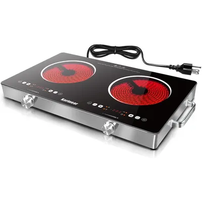 2 Burner Electric Cooktop 110V, Portable Electric Stove with Handle, Knob Control Electric Hot