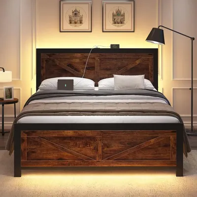 Led Bed Frame King Size with Charging Station, Industrial Platform Bed Frame with Rustic Barn Door