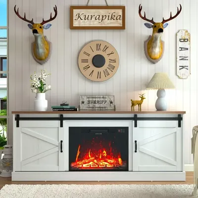 Fireplace TV Stand for up to 75" TV, Farmhouse Entertainment Center with 24" Fireplace, 67" Media