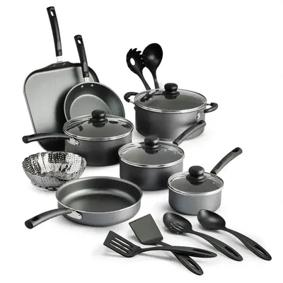 PrimaWare 18-Piece Stainless Steel Nonstick Cookware Set Gray Gradient Patterned Interior Riveted