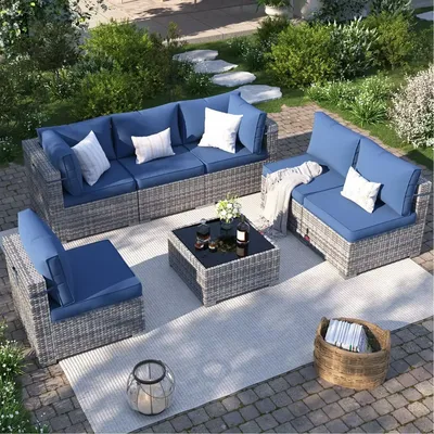 Patio Furniture Set,, All-Weather Wicker Patio Conversation Sets for Backyard (Grey with Navy