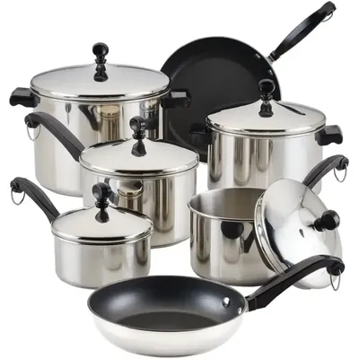 Classic Stainless Steel Cookware Pots and Pans Set, 15-Piece,50049,Silver