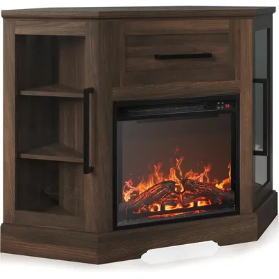 43" Corner TV Stand with 18" Electric Fireplace Heater for TVs up to 43", Modern Corner Wood