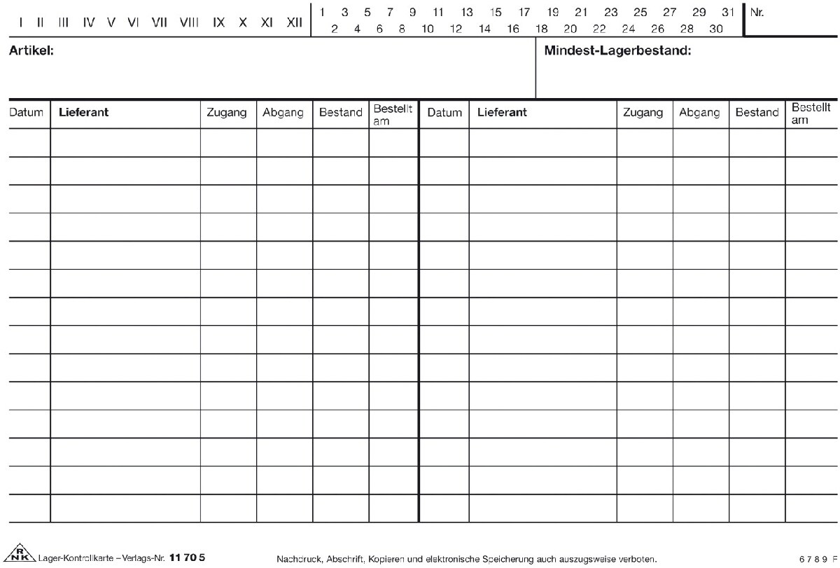 RNK Lager-Kontrollkarte mit Zahlenleiste A5 quer liniert weiß VE=100 Stück Image