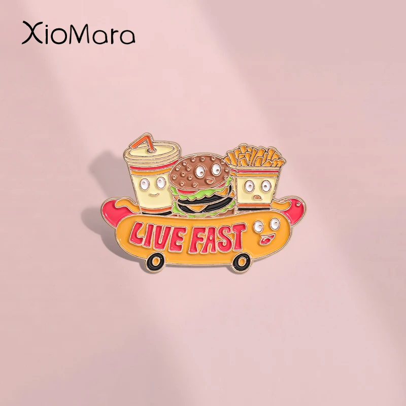 Live Fast Emaille Pin Benutzerdefinierte süße Hot Dogs Pommes Frites Hamburger und Cola Broschen Revers Abzeichen Schmuck Geschenk für Kinder Freund Image