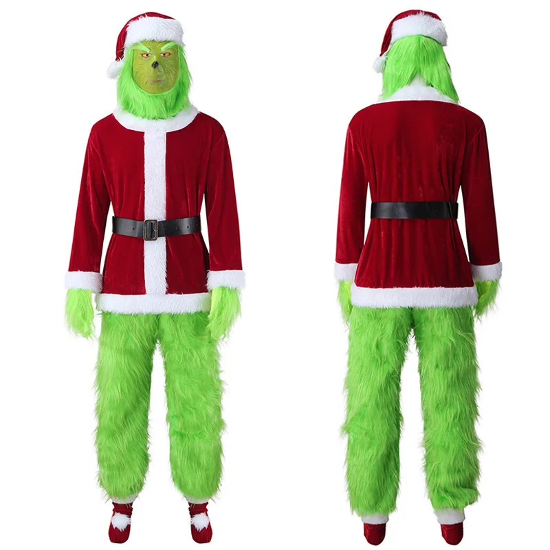 Weihnachten Santa Cosplay Kostüm Grün Haariges Monster Party Kleid Weihnachten Tops Hosen Handschuhe Schuhe Abdeckung Maske Rollenspiel Tuch