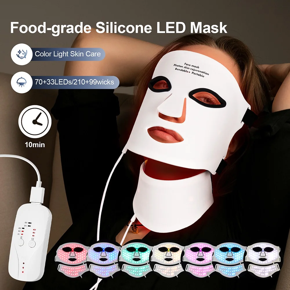 Silikon-LED-Maske für Gesicht mit Hals, 7 Farben, LED-Photon, rotes Licht, Infrarot-Therapie, flexible Gesichtsmaske, Reparatur der Haut, kabellose Nutzung Image