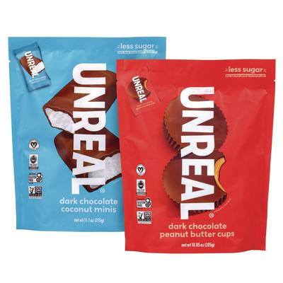 UNREAL Dark Chocolate Coconut Minis and PB Cups Variety, 11.1 oz Bag (Dk Chocolate Coconut), 10.05 oz Bag (Dk Chocolate PB), 2/CT (GRR60003006) Case o