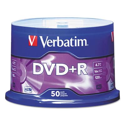 Verbatim DVD+R Recordable Disc, 4.7 GB, 16x, Spindle, Matte Silver, 50/Pack (VER95037) Pack of 50 Verbatim® CDs/DVDs