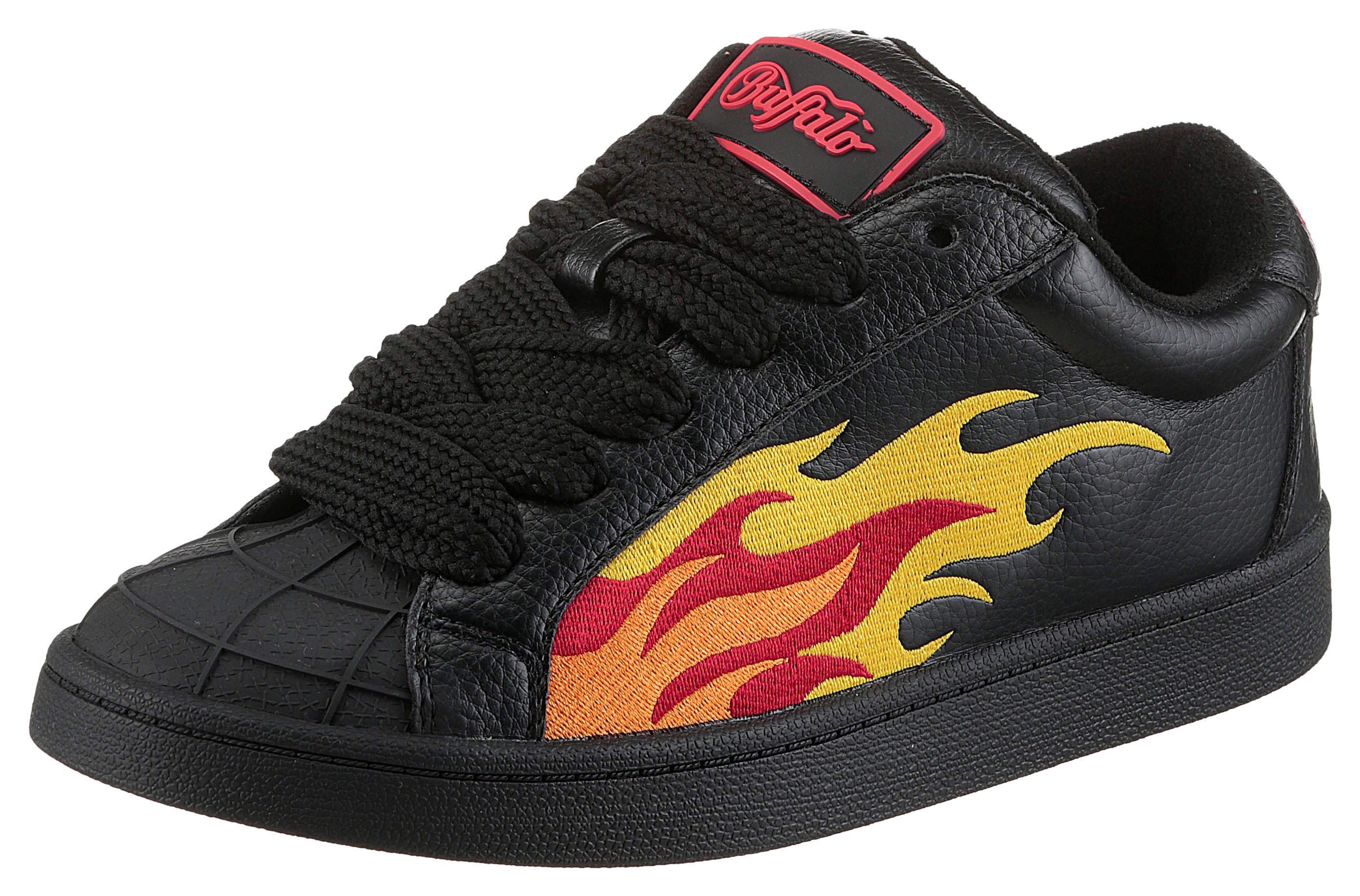 Sneaker BUFFALO "LIBERTY", Damen, Gr. 40, schwarz (schwarz, orange), Lederimitat, kontrastfarbene Details, Schuhe Sneaker, Freizeitschuh, Schnürschuh, Halbschuh mit trendigem Flammenmotiv