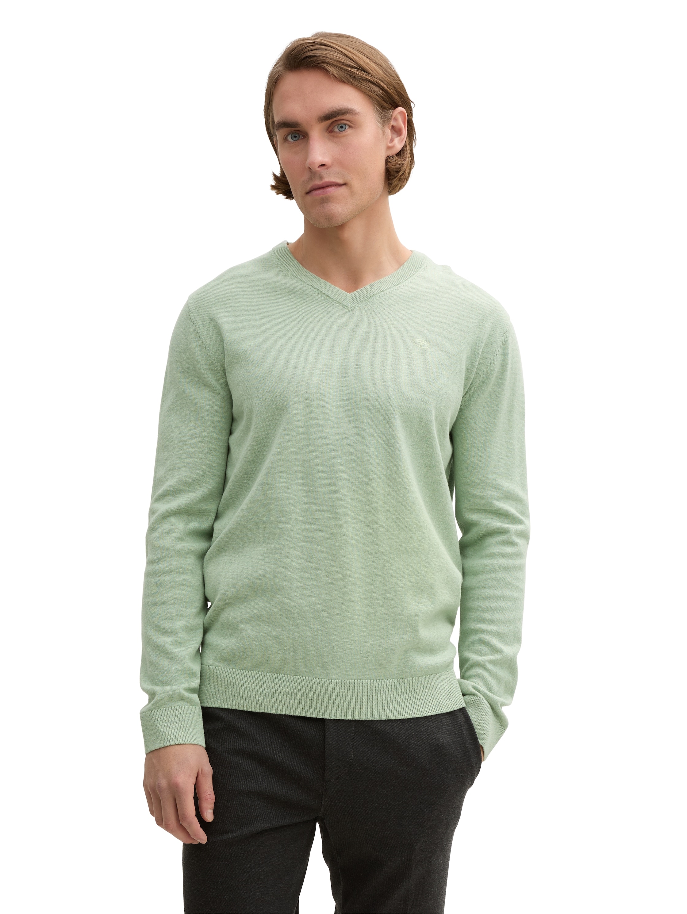 V-Ausschnitt-Pullover TOM TAILOR, Herren, Gr. XL, grün (spring grün melange), Strick, Obermaterial: 100% Baumwolle, meliert, regular fit normal, V-Ausschnitt, Rippbündchen, Pullover, mit kleiner Logo-Stickerei