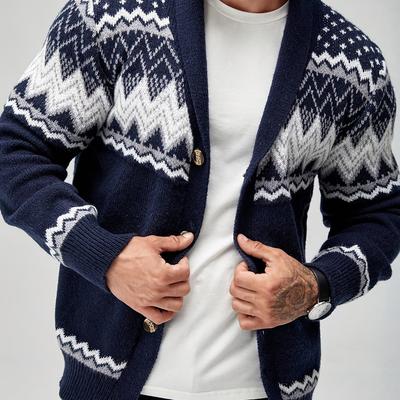 TEMU Men's Casual Geometric Pattern Cardigan Sweater - Navy Blue With White And Black Accents, Button-up Collar, Machine Washable, Polyester Blend For Fall/winter Image