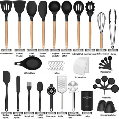 TEMU 43pcs Silicone Kitchenware Accessory Set, Cookware Set Cutlery Set Heat Resistant Silicone Kitchen Utensils Set Wooden Handle, Silicone Cooking Utensils, Nonstick Cookware Holder, (black) Image
