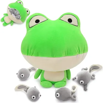 Giant Frog Stuffed Animal- 18” Large Mommy Frog Plush Toy with 4 Baby Tadpoles Inside Zip, Stuffed