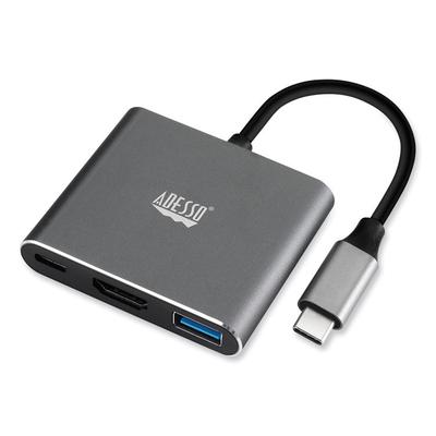 Adesso 3-in-1 USB-C Multi-Port TAA Compliant Docking Station, HDMI, USB-C, USB 3 A+PD, Black/Gray (ADEAUH4010) Each