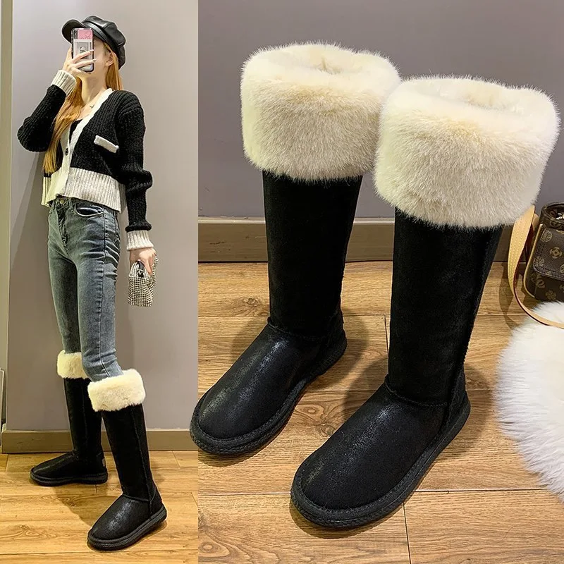 Winterstiefel Klassische Damen Schneestiefel Leder Damen Lange Stiefel Warme hohe Schuhe