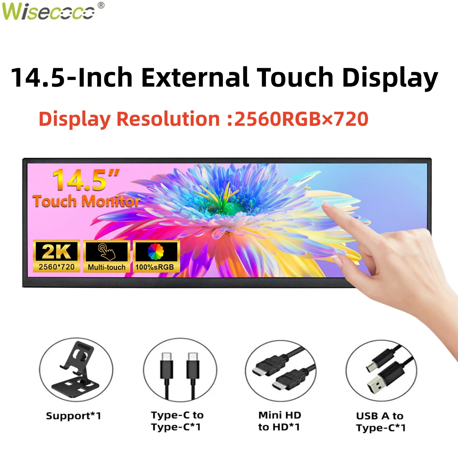 Wisecoco12.3/14,5'' 2560x720 Stretched Bar Screen PC-Monitor HDMI Touch Tragbarer Gaming-Monitor für PC Laptop Raspberry Pi 5/4/3 Image