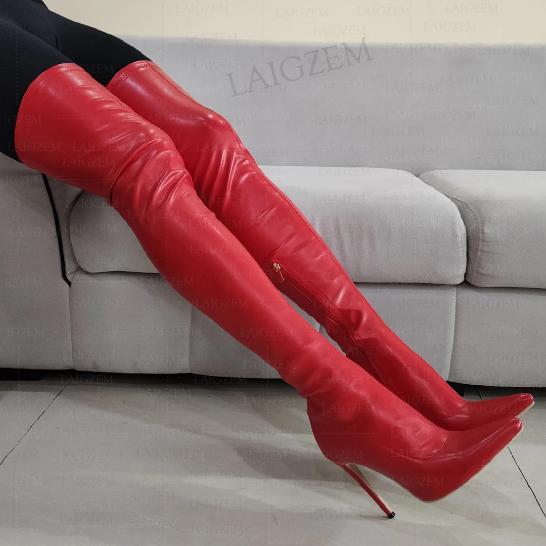 LAIGZEM Damen-Overknee-hohe Stiefel, elastischer seitlicher Reißverschluss, spitze Zehen, dünne Absätze, Stiefel, Kunstleder-Schuhe, Damen, große Größe 41, 45, 46, 49