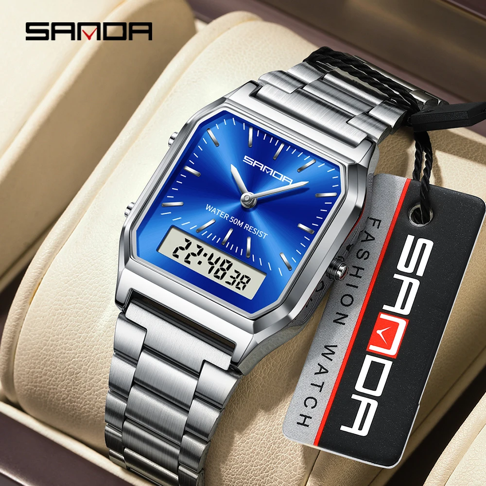 SANDA Luxus Herren G-Stil Uhren Edelstahl Damen LED Digital Dual Display Uhr Unisex Wasserdicht Sport Quarzuhr 747 Image