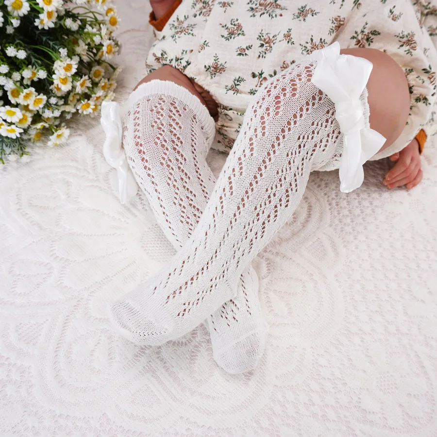 Sommer Kinder Socken mit Bogen Baby Mädchen lange Socke kniehohe Baumwolle hohle Kleinkinder Socken Mesh Kinder Prinzessin Socke für 0-7 Jahre Image