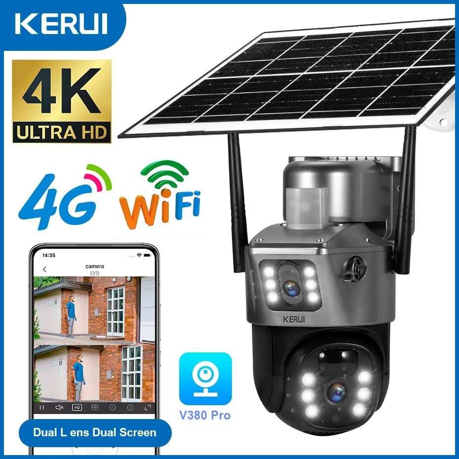 KERUI 4K Dual Screen Solar Kamera Outdoor Wireless 4G/WiFi PTZ Dual Objektiv Sicherheit Schutz Auto Tracking CCTV Kameras Detektor Image