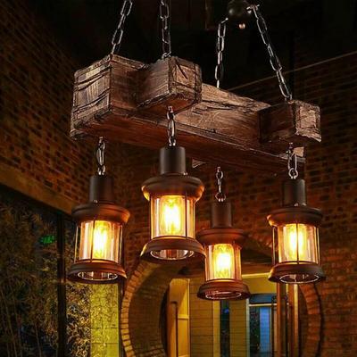 Decken Lampe Vintage Design Pendel Holz Balken Wohn Zimmer Gitter Hänge Leuchte Image