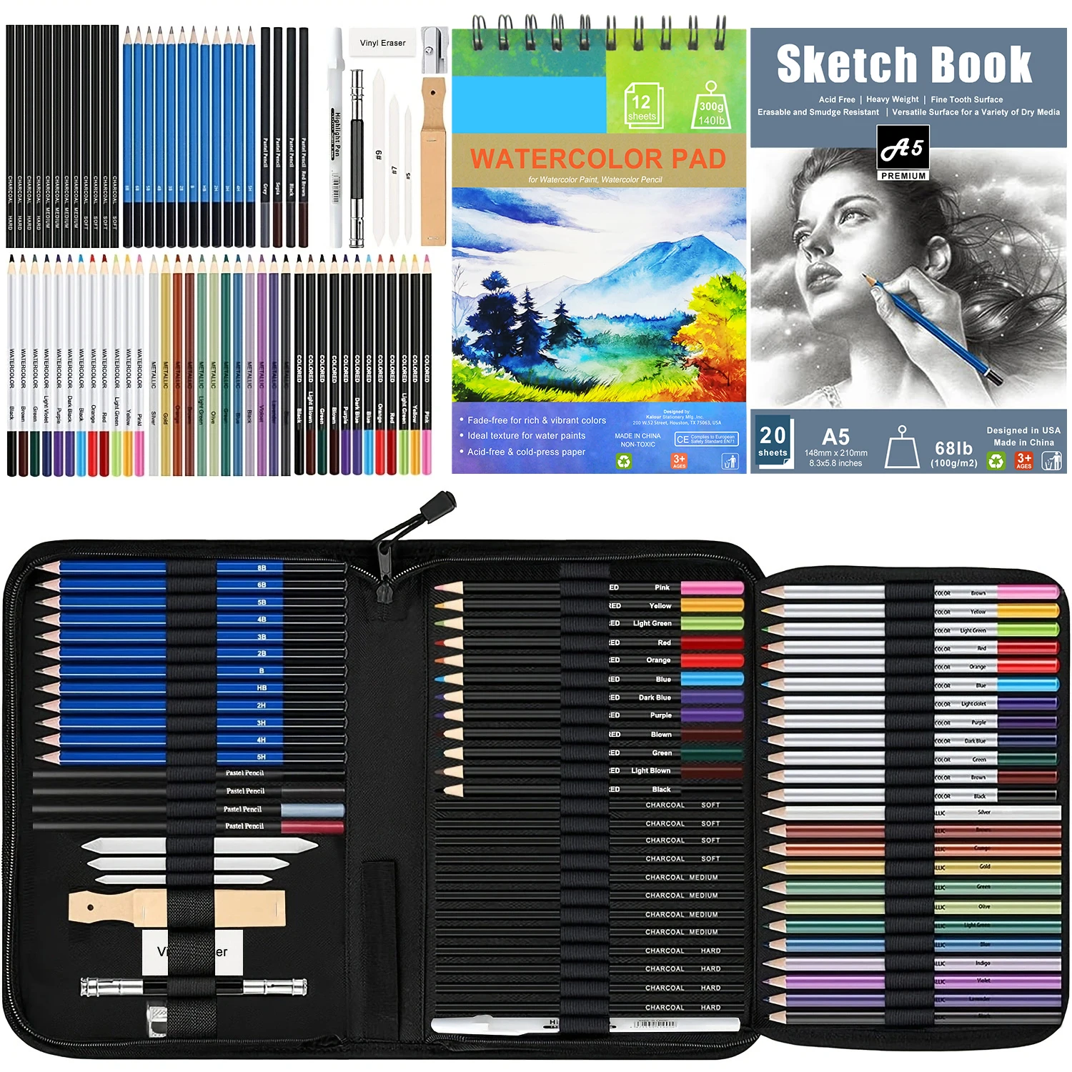Zeichenset, Skizzenset, 76er-Pack Zeichenstifte, Zeichenzubehör inklusive Aquarellblock, Aquarell, Metallic, Farbe Image