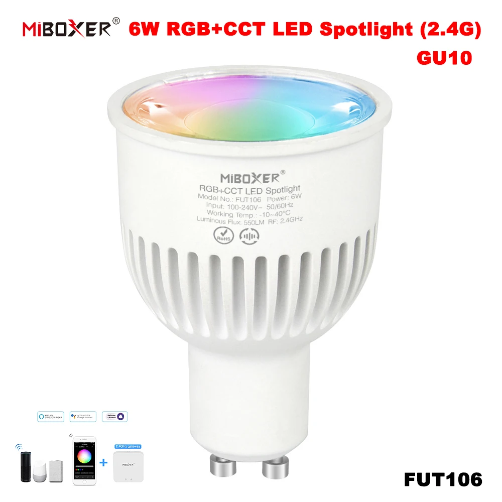 Miboxer FUT106 AC100-240V 6W GU10 Smart 2,4 GHz TUYA RGBCCT Farbtemperatur/Helligkeit einstellbar APP Sprachsteuerung Strahler