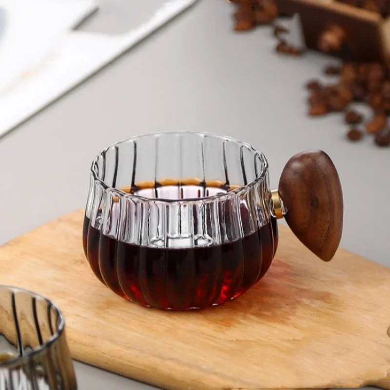 250ml hohe Boro silikat glas Kaffeetasse Kürbis form gestreifte hitze beständige Holzgriff Latte Tasse Frühstück Milch tee Tasse Image