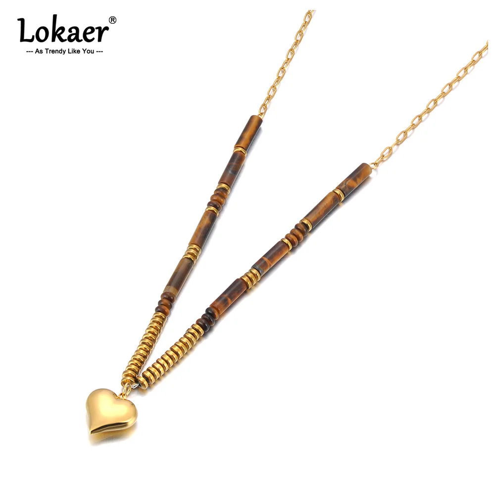 Lokaer Trendy Edelstahl Natürliche Tigerauge Stein Halskette für Frauen 18K Gold Überzogene Party Schmuck О Nang tiki N24090 Image
