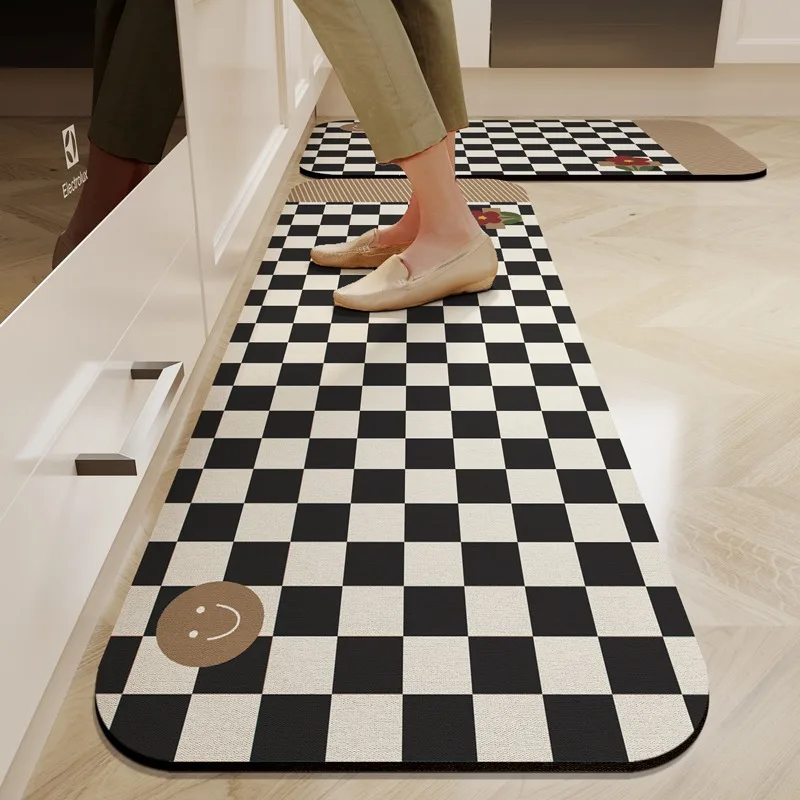 Kitchen Carpet Pvc Waterproof Leather Floor Mat Anti-slip Long Foot Mats Black Plaid Checkerboard Carpets Home Decoration Rug