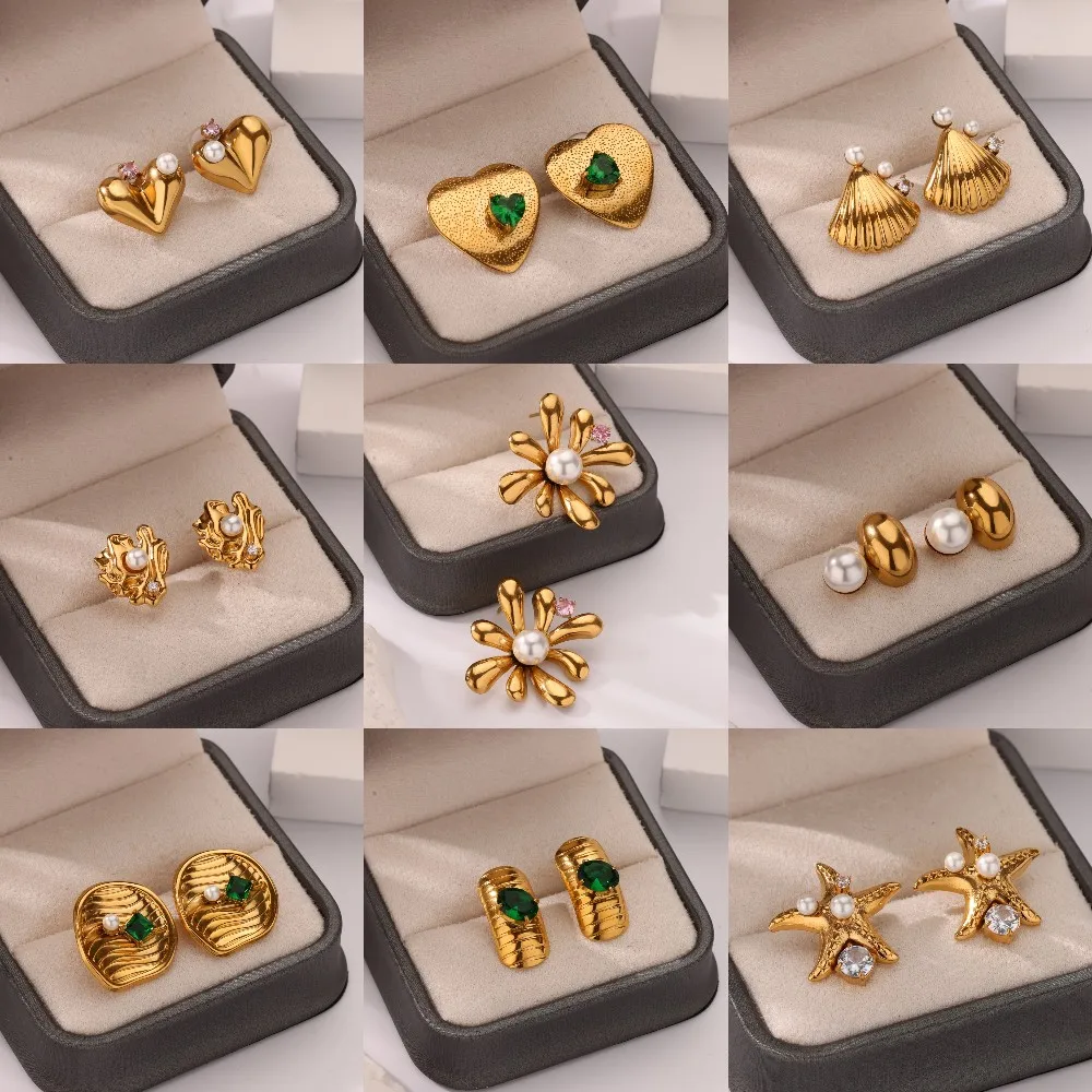 Edelstahl-Ohrringe für Frauen, goldfarben, Perlen-Ohrstecker, 2024, Trend, Blume, Seestern, Muschel, Ohrschmuck, Weihnachtsgeschenke Image
