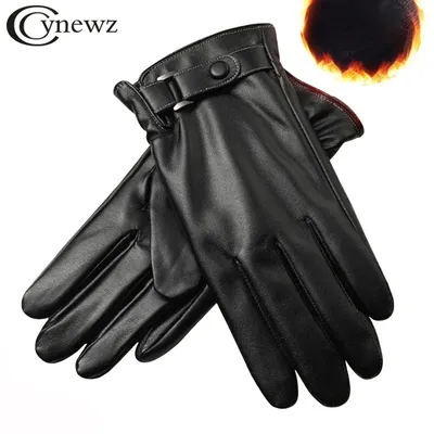 Men Winter PU Leather Gloves Thermal Velvet Lined Windproof Driving Gloves Business Casual Anti-Slip Cold Weather Outdoor Gloves