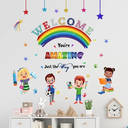 Dessin animé bienvenue phrases inspirantes Stickers muraux détachables enfants Hall pépinière décoration Stickers muraux