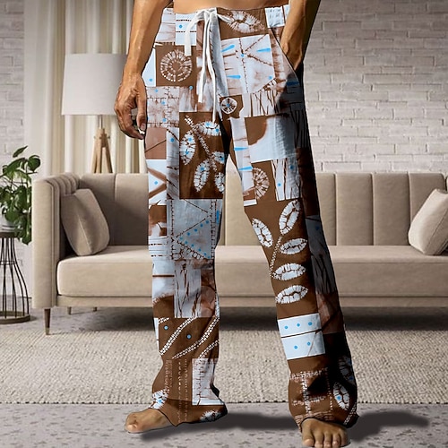 Herren Batik Hawaiian Tropisch Hosen Hose Freizeithose Mittlere Taille Kordelzug Elastischer Bund Vintage-Retro Outdoor Urlaub Ferien Gerade Hosen Sommer Frühling 3D-Druck Marineblau Braun Pfauenblau Image