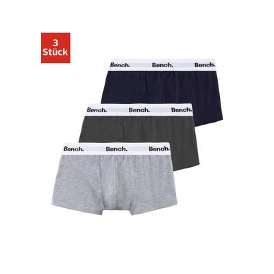 Boxer BENCH. "Boxershorts für Jungen", Kinder, Gr. 170/176, 3 St., blau (anthrazit, grau, meliert, navy), Jersey, Obermaterial: 95% Baumwolle, 5% Elasthan, unifarben, körpernah, Unterhosen, mit weißem Bund mit Bench Schriftzug Image