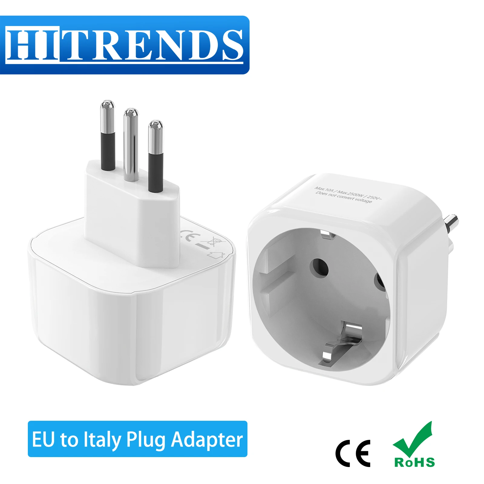 Convertitore adattatore spina da UE a Italia da 2 pezzi Adattatore da viaggio da UE a Italia Presa di corrente CA 110 ~ 250 V 10 A Spina di alimentazione a 3 pin