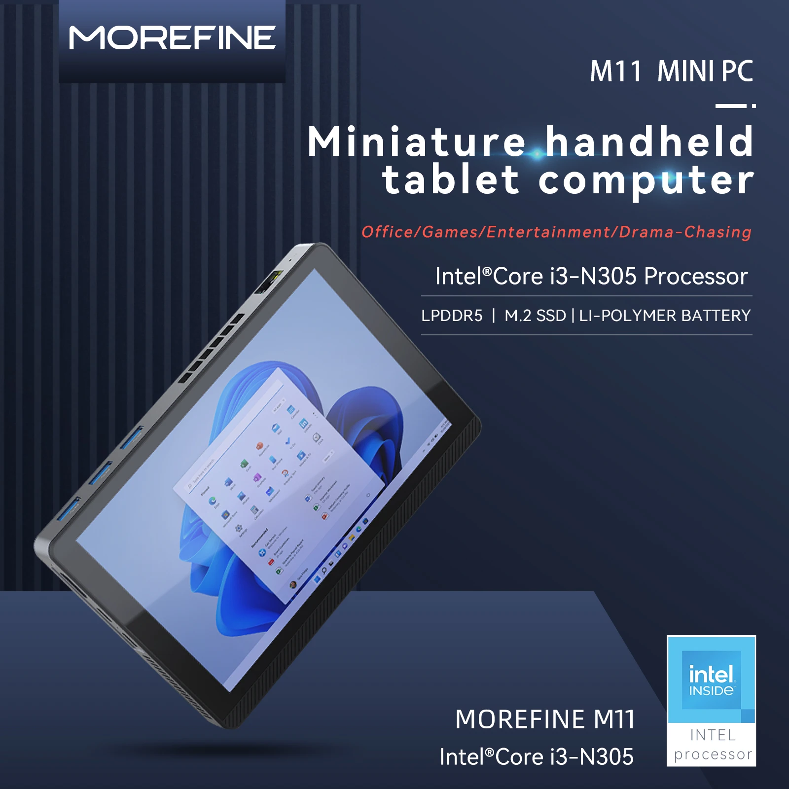 MOREFINE 12th Gen Intel N305 7 Inch Mini PC Windows11PRO WiFi6 BT5.2 16GB/2T Touch Screen 4K Tablet PC 3600mAh Mini Desktop Host