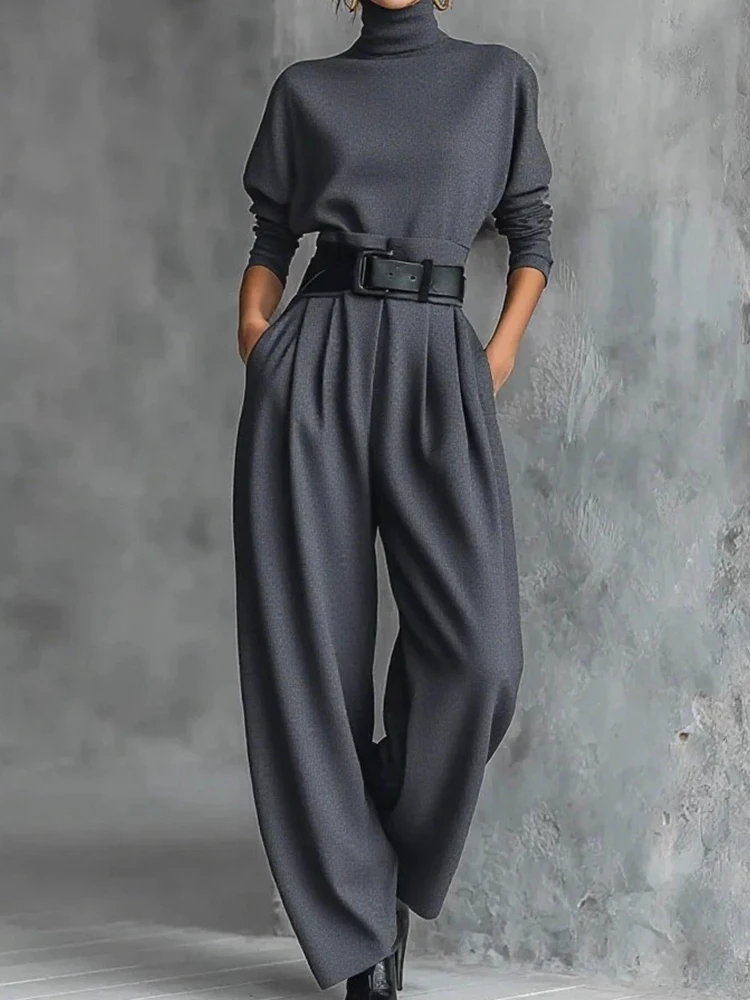 Herbst Winter Pullover Top Zweiteilige Sets, Frauen Casual Rollkragen Mode Outfit, Urlaub Einfache Chic Patchwork Damen Anzüge Image