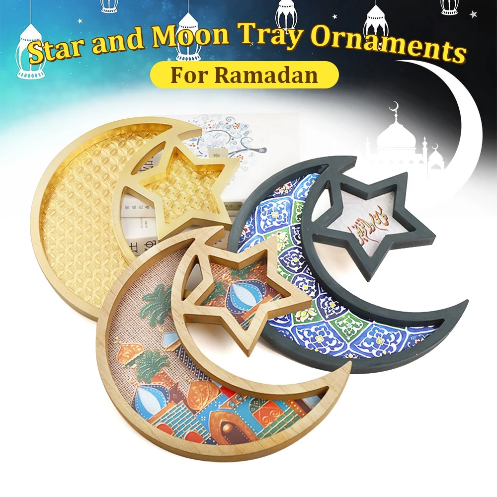 Eid Mubarak Mond Stern Süßigkeiten Dessert Tablett Holz Tablett Kuchen Lebensmittel Halter Platte Islamischen Muslimischen Ramadan Kareem Home Party Dekorationen Image